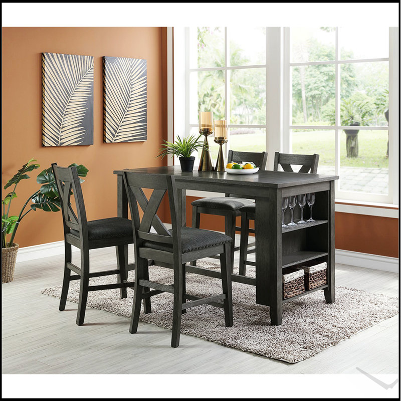 Table de salle à manger rectangulaire à hauteur de comptoir en bois avec rangement en noir, parfaite pour les espaces modernes et compacts