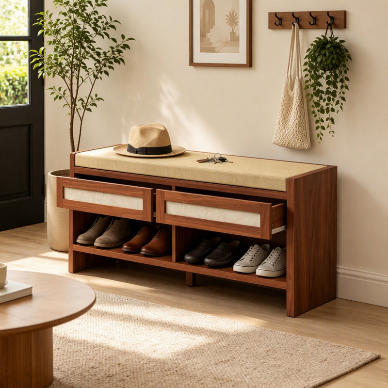 Banc à chaussures brun avec siège rembourré, tiroirs en rotin et rangement ouvert