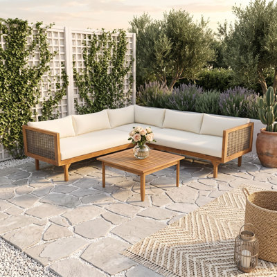 Ensemble de conversation modulaire en bois d'acacia et osier avec coussins et table
