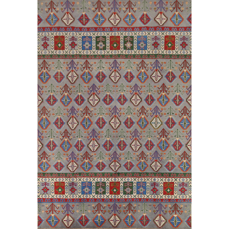 Tapis gris / rouge en laine noué à la main de conception unique 8 pi 3 po x 9 pi 9 po New Age