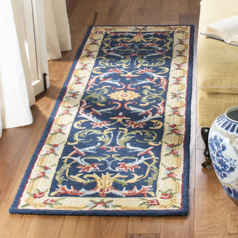 Ozella Hand Tufted Wool/Cotton Oriental Rug in Ivory/Navy, Runner 2'3" x 8'