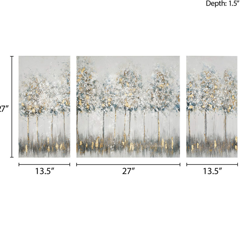 Art mural doré abstrait, scène de forêt bleu-gris, l 27 po x H 27 po + 2 (l 13,5 po x H 27 po), main avec paillettes, art intérieur seulement 3, et décoration murale