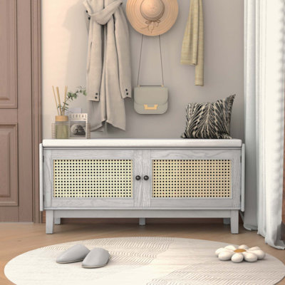 Banc d'entrée en rotin avec rangement Boho, banc à chaussures rembourré avec portes doubles, banc de rangement en bois