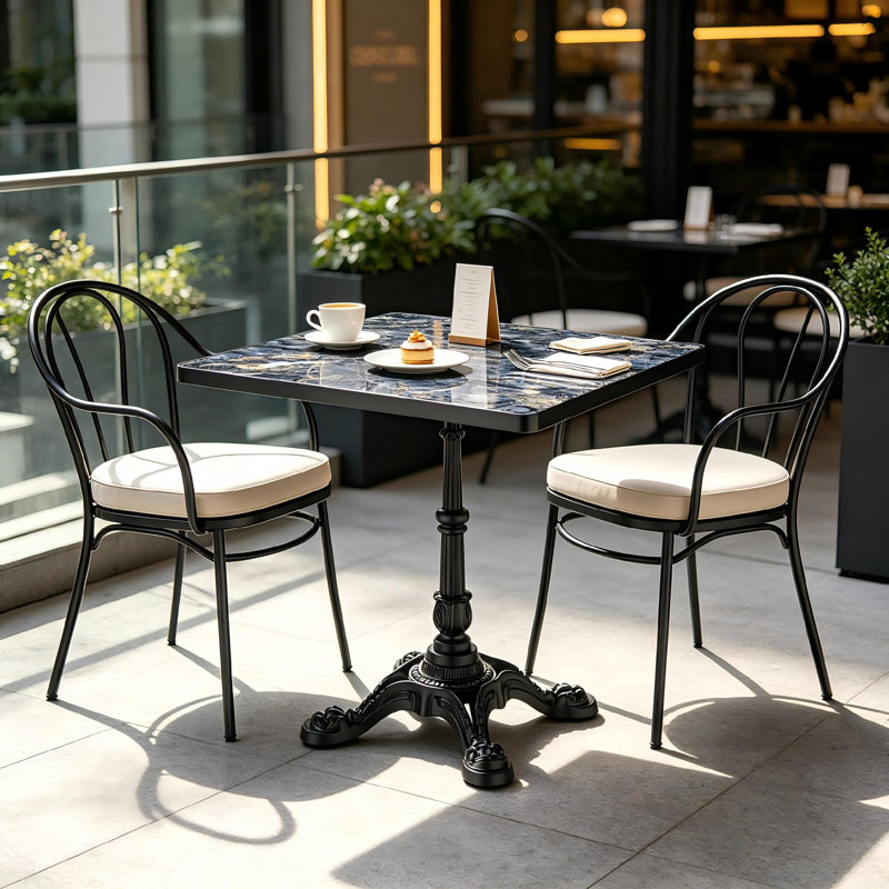 Table bistro 31,5 po carrée en pierre frittée - aspect marbre toutes saisons avec base en fonte robuste pour patio extérieur, café et maison