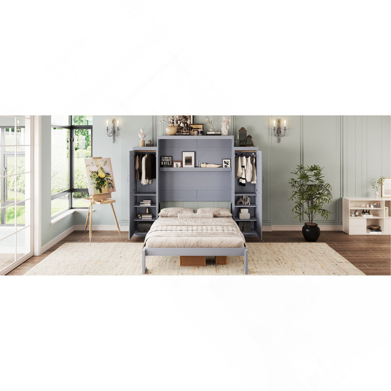 Lit plateforme grand lit escamotable, grand lit escamotable avec 2 garde-robes et tablette de rangement, cadre de lit plateforme pliable multifonctionnel pour chambre d'amis, chambre à coucher, gris