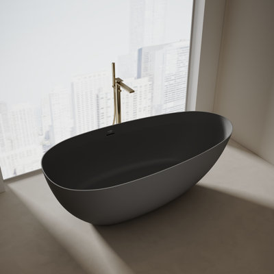 MonBlari 63" X 29.5" Solid Surface Black Freestanding Soaking Bathtub With Overflow And Pop-Up Drain For Bathroom