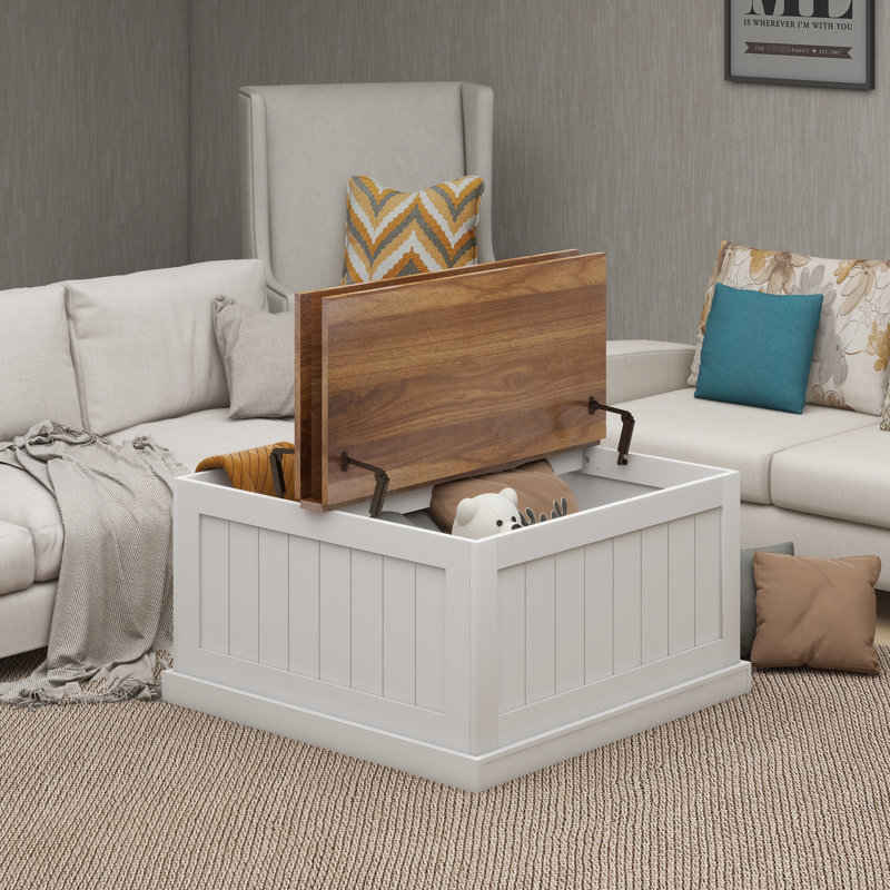 Table basse blanche rustique, carré de 31,5 po avec plateau relevable. Compartiment de rangement dissimulé pour la table de salon. Perfection du grain de bois texturé. Équipement de levage. Peinture. Article d'assemblage simple inspiré