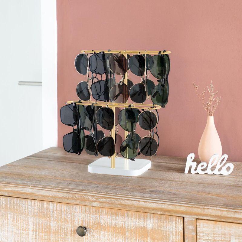 Présentoir à lunettes de soleil à 2 niveaux, pouvant contenir 24 paires de lunettes, avec structure en métal et base en bois, couleur or.