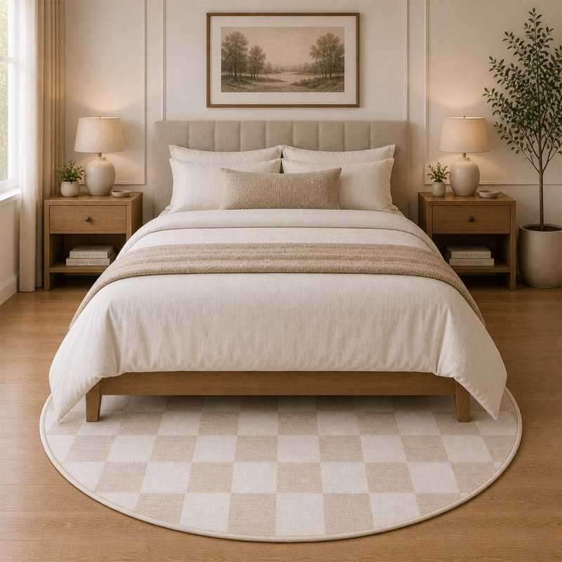Tapis à carreaux lavable à la machine, Ivory & Natural, 8x8 ft, Round