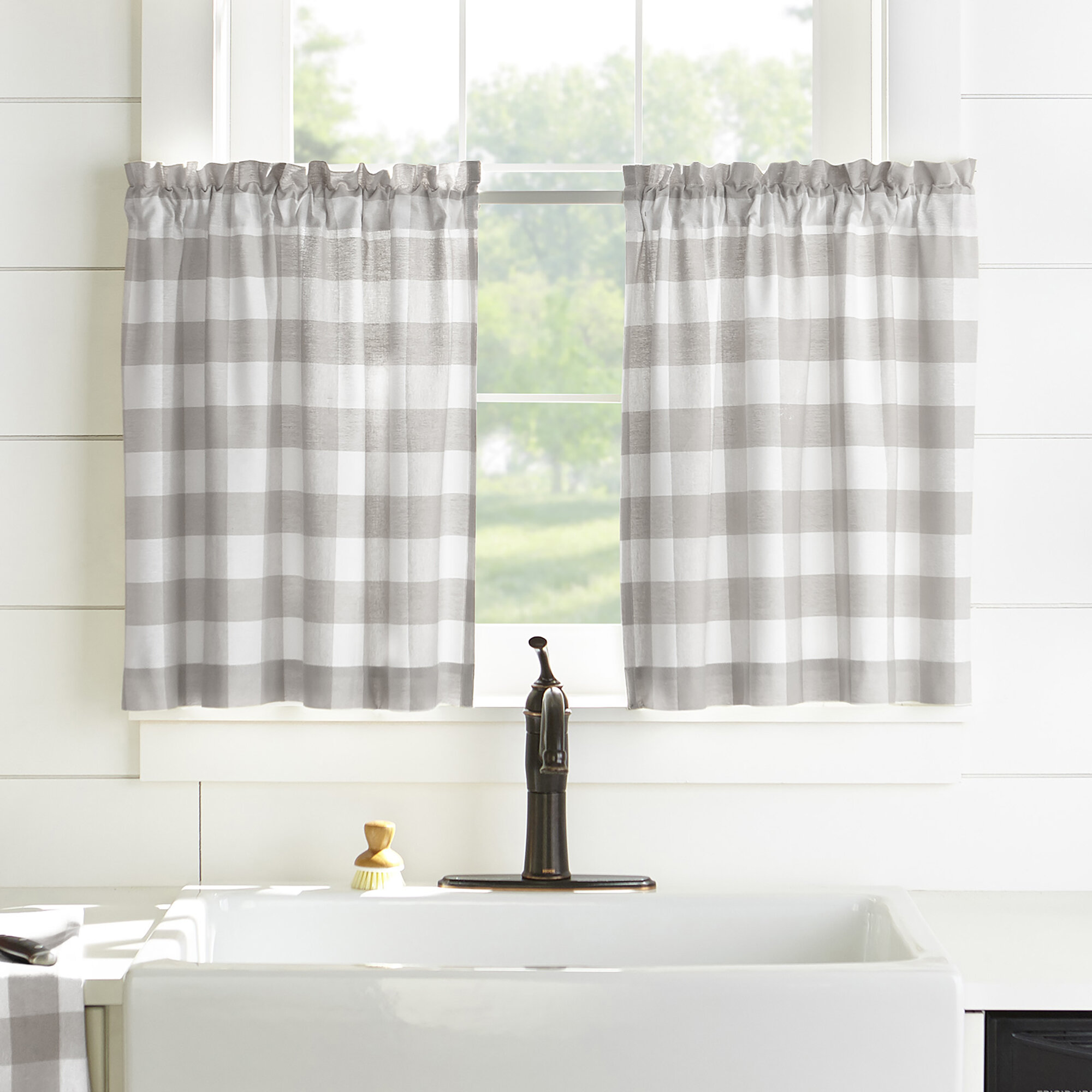 Checkered Kitchen Curtain Farmhouse Buffalo Plaid Semi Sheer Cafe