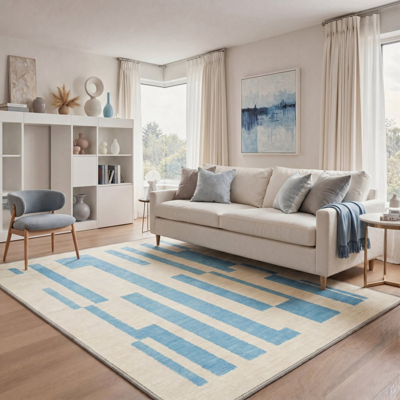 Vectra Modern Machine Washable Blue / Beige Indoor Area Rug with Non-Slip Backing, Rectangle 6' x 9'