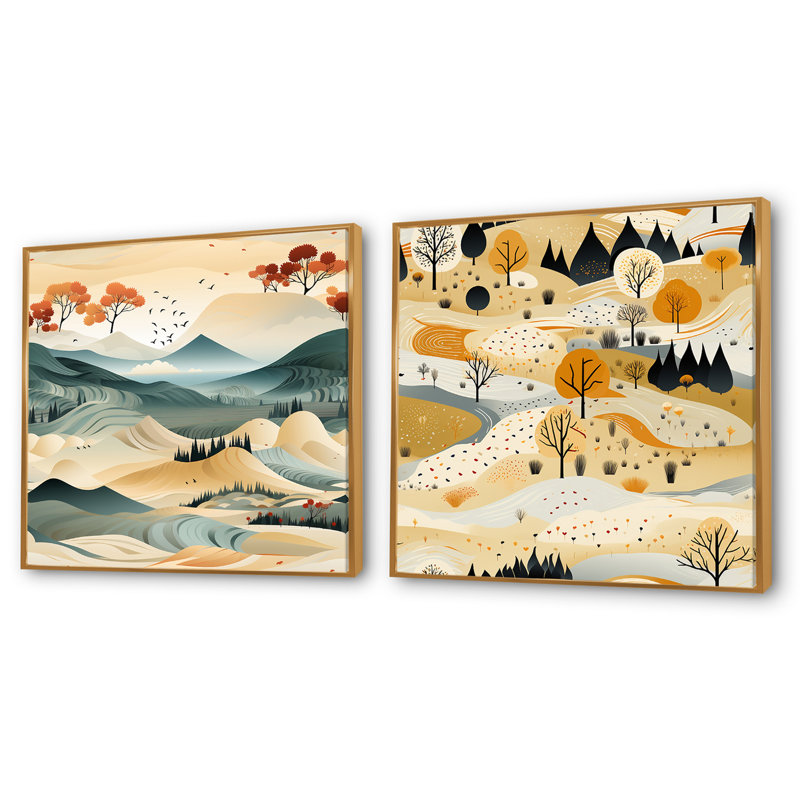 Marcellius - Ensemble de 2 collages carrés de paysages abstraits, Cadre flottant doré, H 16 po x l 33 po
