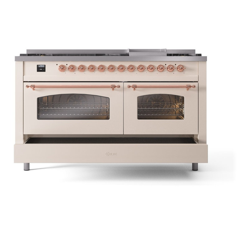 ILVE Nostalgie II 60 Dual Fuel Range, 9 Burners, Griddle, Antique White/Copper, Liquid Propane