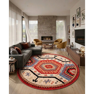 Tapis d'intérieur rond multicolore en soie et laine noué à la main