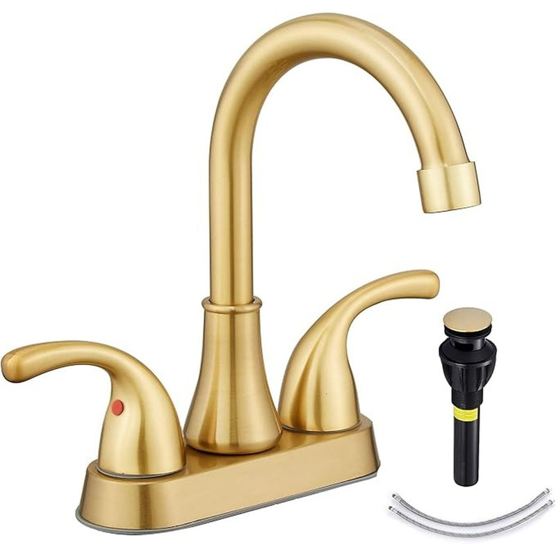 Bathroom Sink Faucet FRANSITON 4 Inch Faucet 2 Handle Bathroom Sink Faucet Lead-Free Brushed Gold Bath Sink Faucet with Pop-up Drain Stopper and Supply Hoses