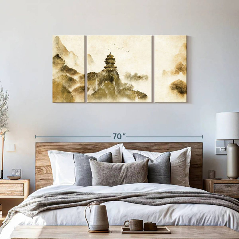 «Asian Architecture Mountain», reproduction d'art sur toile 3 pièces, H 28 po x l 58 po x P 1,25 po