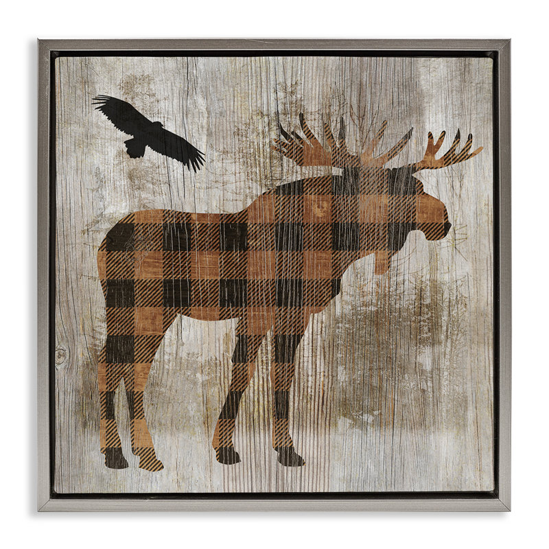 Plaid Moose & Eagle, 25" H x 25" W, Luster Gray Floater Frame