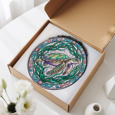 Sea Turtle Stained Glass Window Panel，12"H