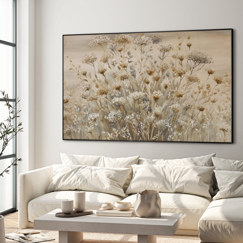 Extra Large Wall Art Fabric Print - Wildflower Meadow in Warm Neutral Tones Artwork Decor for Living Room or Bedroom - "Frame Assembly Required (Unfinished Frame)"