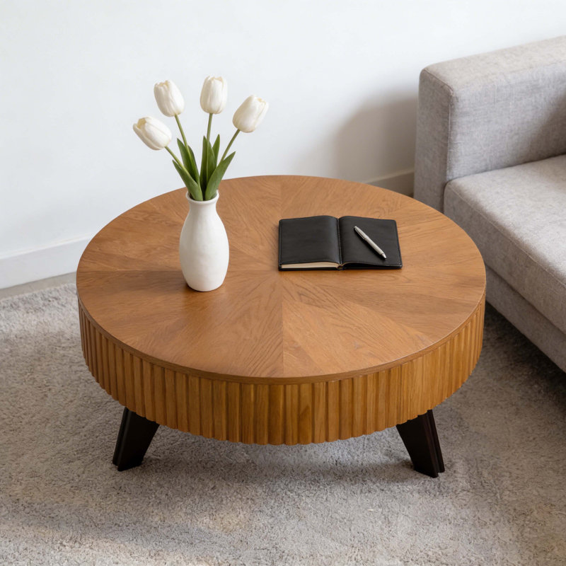 Table basse ronde de 39,37 po avec espace de rangement, convenant au salon et au bureau, naturel, Brun, Bois