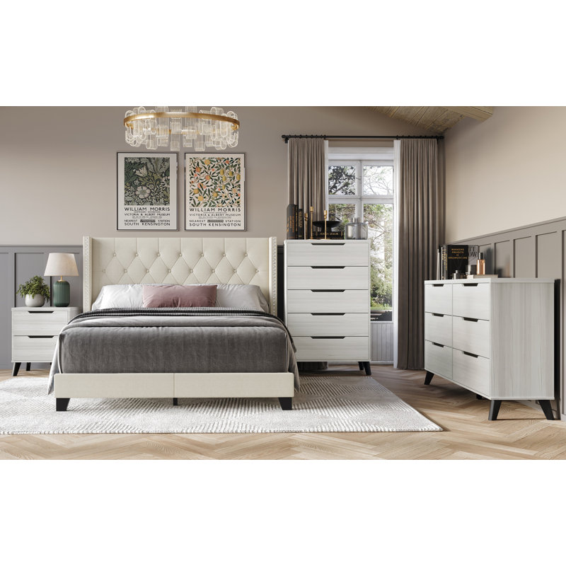 Castle Place King Wingback Bedroom Set with Nightstand, Dresser and Chest, Warm Grey Linen, Warm Gray, King