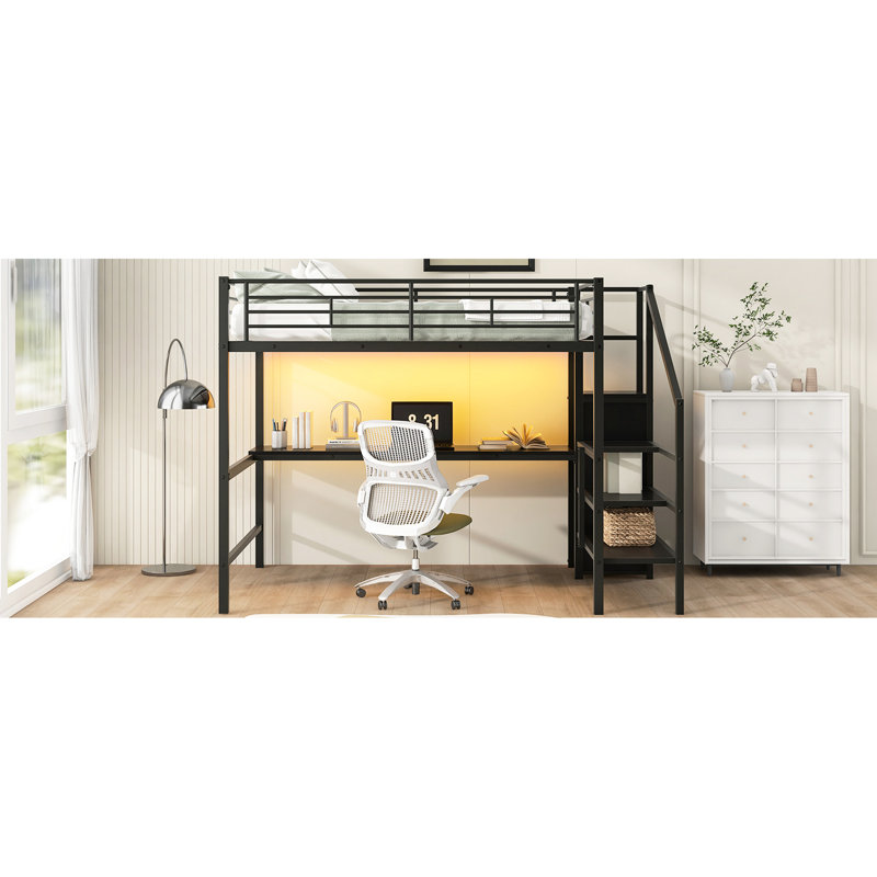 Lit mezzanine double en métal noir avec bureau, escalier de rangement, petite armoire et 7 couleurs à DEL, espace élégant de taille compacte, livré avec