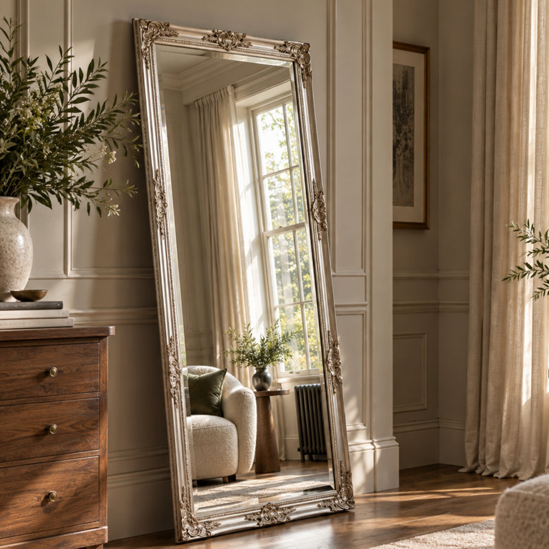 Madeleine Carved Classic Accent Mirror, 74cm W x 163cm W, Silver