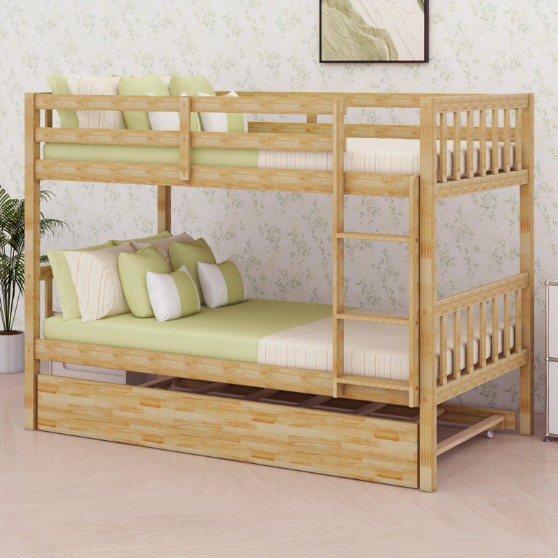 Space-Saving Wooden Bunk Bed With Trundle And Detachable Two Beds, White Oak