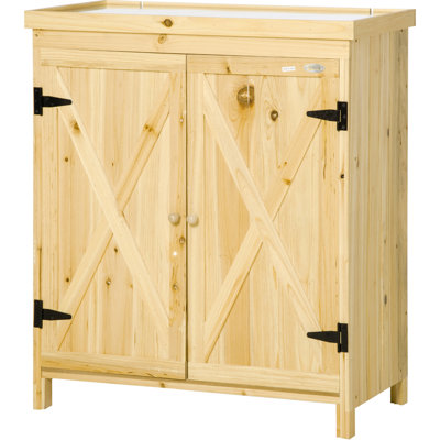Pool Accessories Storage Crate. Galvanized Top & 2 Shelves. Natural Wood Style, Waterproof, Outdoor Use Cabinet For Garden Tools. Protection, Finish, Weather