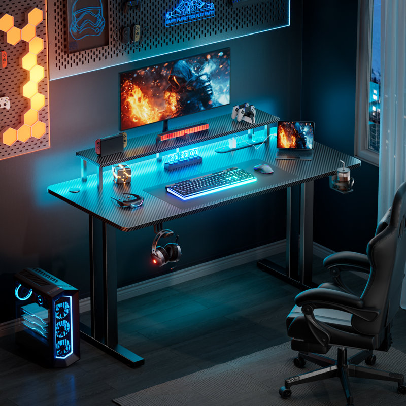 Gaming Desk with LED Lights & Power Outlet, Computer Gamer Desk with Monitor Stand, Ergonomic Carbon Fiber Gaming Table Home Office Desk with Cup Holder, Headphone Hook & Mouse Pad,Black