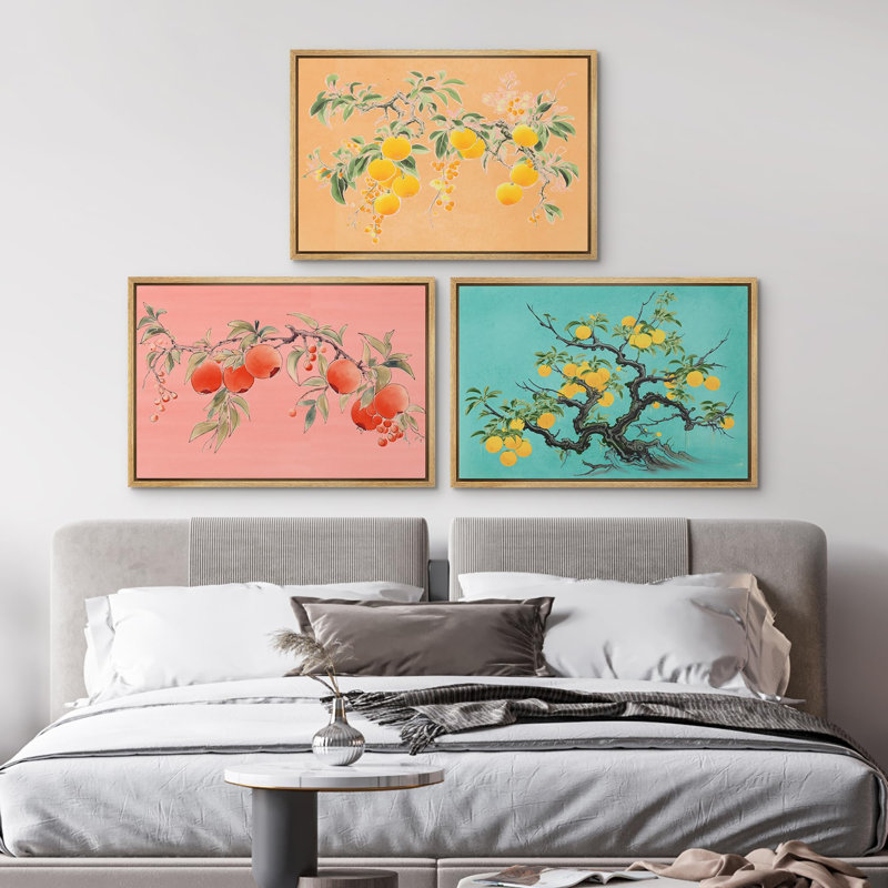 "Élégantes illustrations de fruits botaniques rose pastel, pêche, rose et jaune" - 3 pièces, Encadré naturel