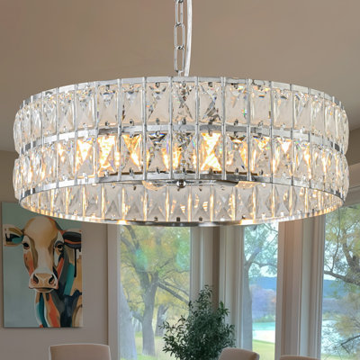 Sliver Modern Crystal Chandelier For Dining Room, 17.7'' Led Luxury Glass Mount Chandelier Fixtures, Round Kitchen Hanging Drum Pendant Lights Ceiling For Living Room Bedroom Foyer, With 6Pcs*5W Bulbs