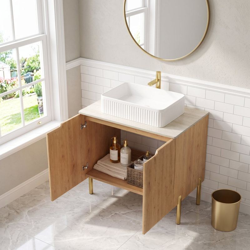 Meuble-lavabo moderne autoportant 30 po naturel avec lavabo rectangulaire en céramique, comptoir en pierre frittée à motif de travertin Roma, armoire de rangement avec 2 portes (sans robinet)