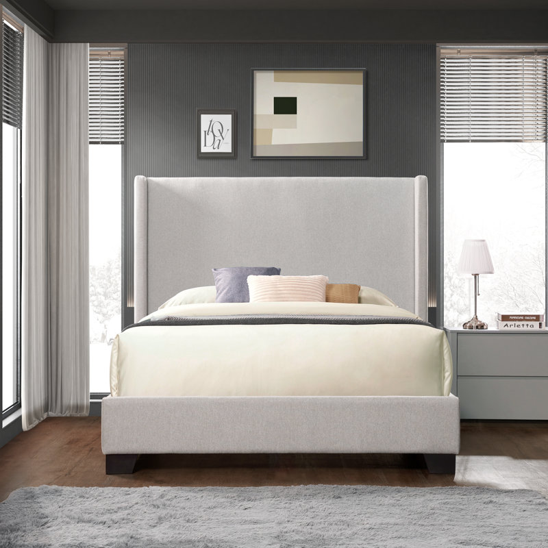 Lit plateforme tapissier Reinette, Double, Gris clair