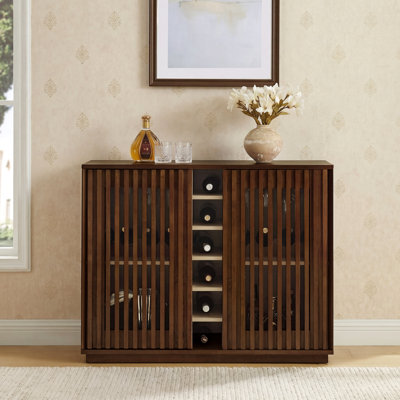 Mid Century Modern Fluted Hollowed Out Liquor Cabinet, Buffet Cabinet With Wine Glass Holder & Wine Rack, Storage Cabinet For Living Room, Entryway, Hallway, Dining Room, Kitchen