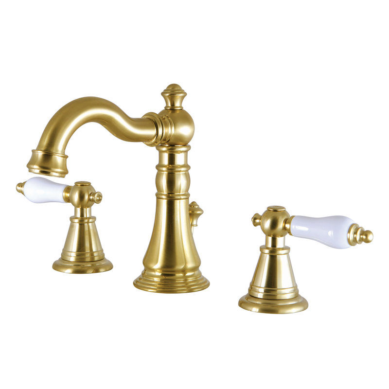 Kingston Brass English Classic Two-Handle 3-Hole Deck Mount Widespread Bathroom Faucet with Pop-Up Drain, Satin Brass