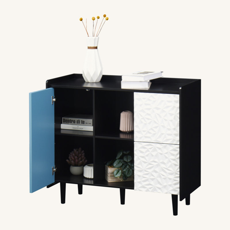 Buffet de cuisine noir avec grand espace de rangement ouvert, 2 tiroirs et armoire fermée, multi-usage pour salle à manger / bureau / salon, panneau de fibres à densité moyenne de haute qualité, assemblage facile