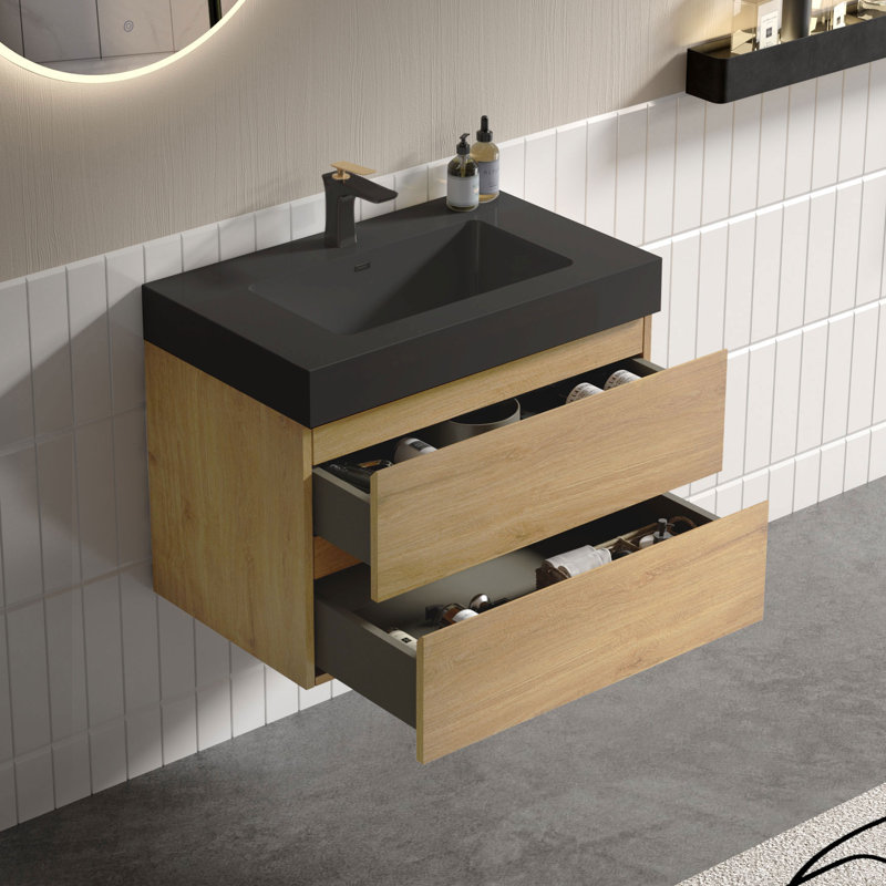 Meuble-lavabo mural simple de 30 po avec comptoir à surface solide avec trop-plein, pré-assemblé, Beige, Noir mat, 30"