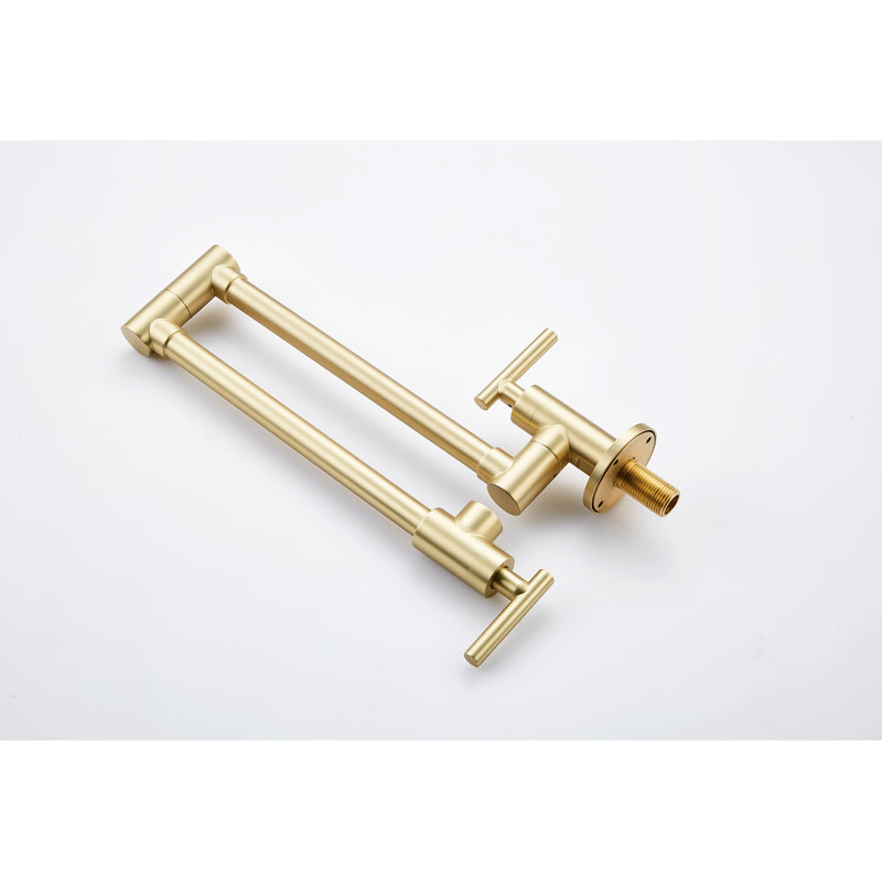Brushed Gold Pot Filler Faucet For Wall Mount - Folding Option, 360 Spin, Robust Brass Material, Corrosion Finish, Double Handles Accurate Water Control Mounted Look, Rotatable, Brass, Coating,
