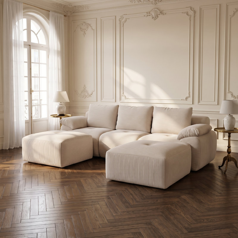 Dark Grey L-Shaped Modular Sofa, No Assembly Compressed Foam Cloud Couch with Corduroy, 264cm, 2 Boxes, Beige