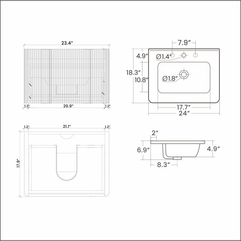 Meuble-lavabo flottant rayé 24 po avec lavabo en céramique blanc, meuble-lavabo une pièce sans évier, pré-assemblé, Naturel