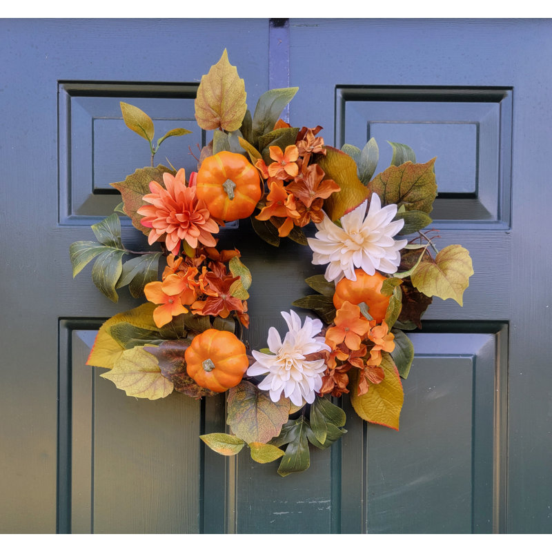 Fall Harvest Hydrangea Dahlia Pumpkin Wreath, 14" W X 14" H X 2" D
