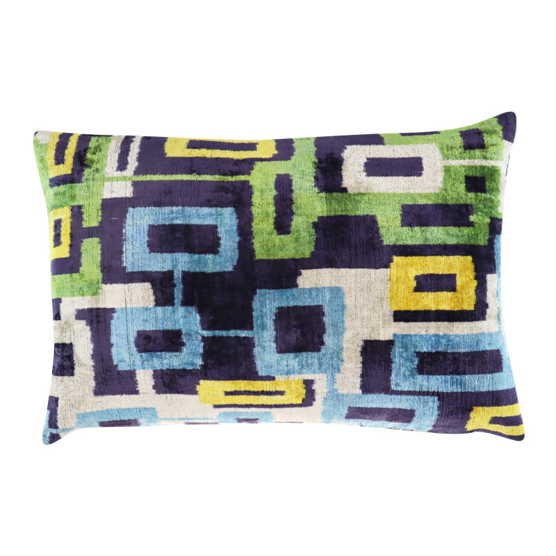 Velvet Lumbar Pillow Cover & Insert, Blue/Green/Yellow Geometric 1