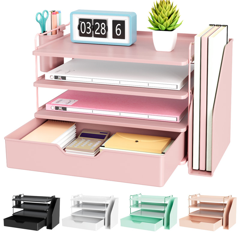 Desk Organizer - 4-Tier Office Desk Accessories with Drawer ＆ Pen Holder, Tool-Free Assembly Organizer with Non-Slip Pads, for Office Supplies Storage, Plastic, 13.3" x 8.0" x 10.8", Pink