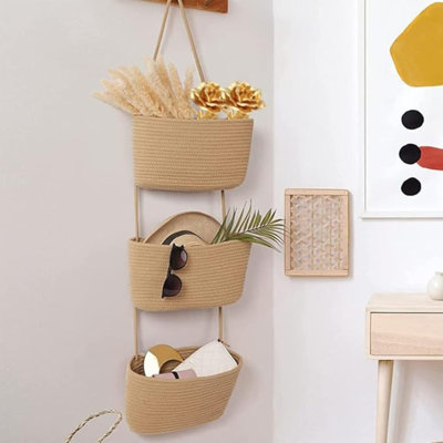 Panier de rangement suspendu au-dessus de la porte, panier de rangement mural en coton tissé à 3 niveaux avec paniers décoratifs - Jute