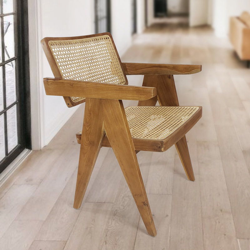 Chaise en teck teinté et rotin naturel, Naturel