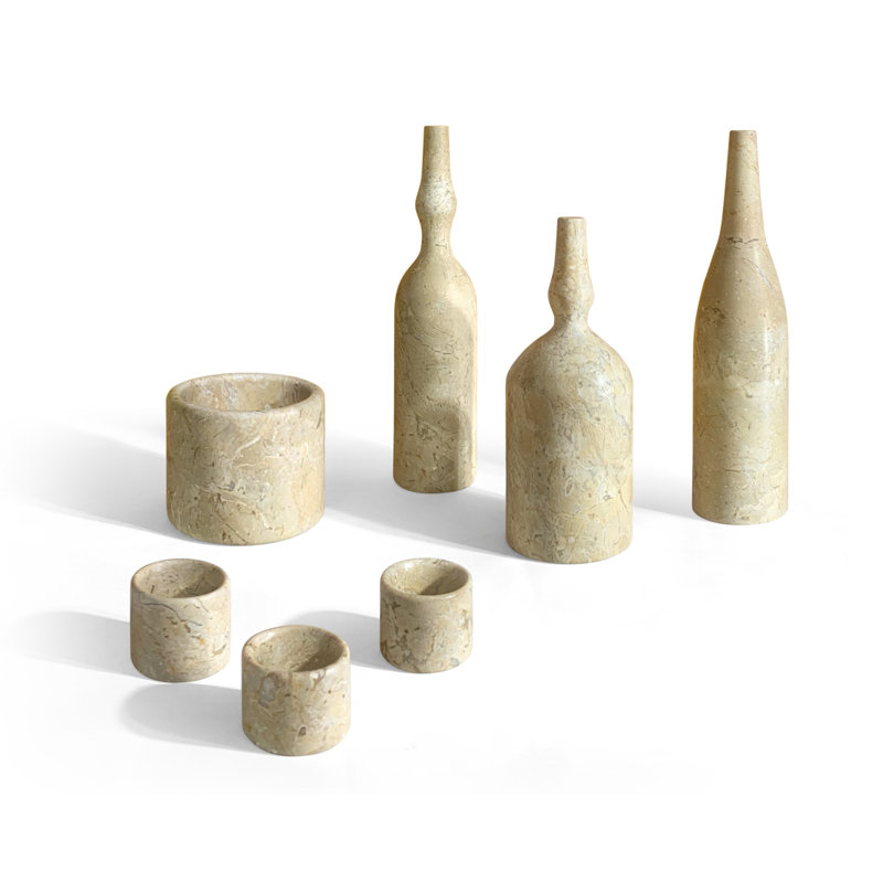 Ensemble d'accessoires de salon en marbre naturel beige jaune Glod, pierre naturelle, ensemble de luxe 7 pièces, marbre véritable, marbre véritable