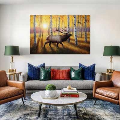 Art mural sur toile grand cerf majestueux d'automne, impression de photos de forêt ensoleillée pour la maison salon, affiche de peinture de paysage naturel, prêt à accrocher, œuvre d'art sur toile, 36 po x 48 po