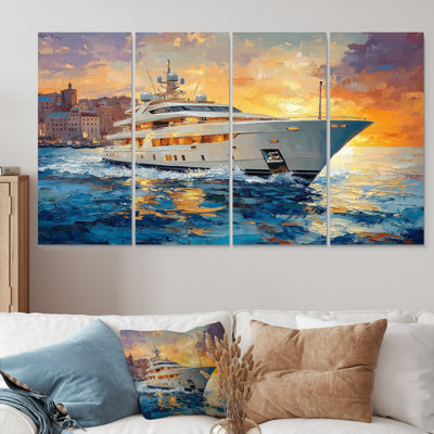 Bleu sophistiqué avec mélange de bateaux orange - ensemble de salon d'art mural bateau