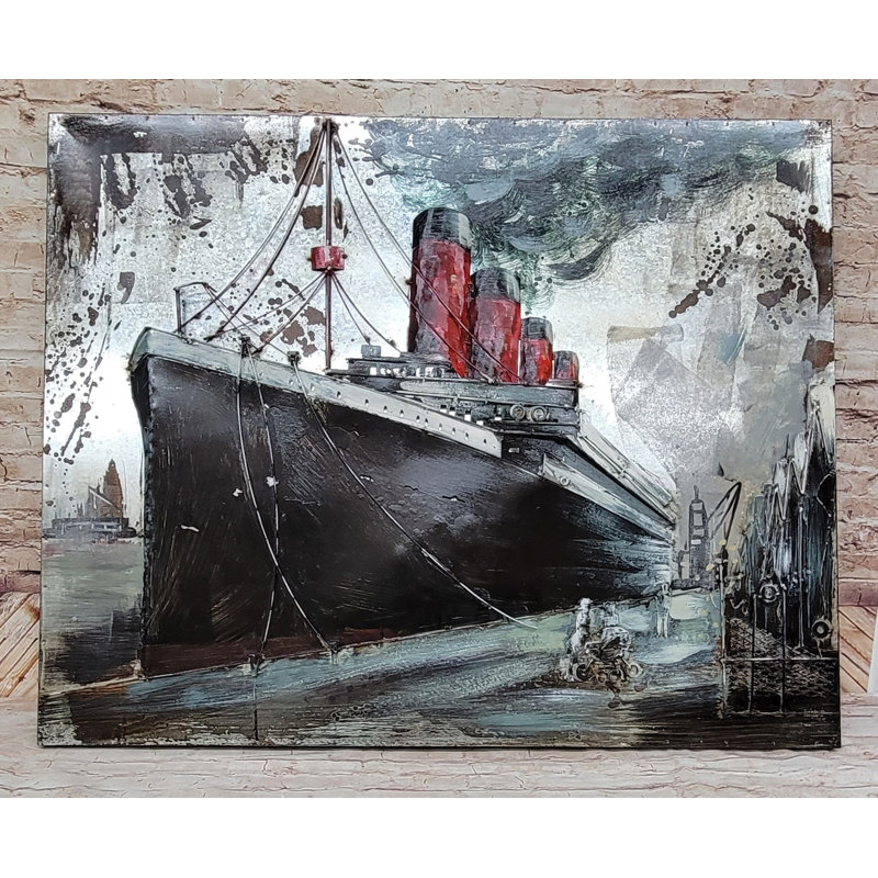 «Vintage Steamboat», bateau de croisière à quai au port, art mural suspendu en métal 3D